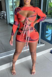 Light Green Fashion Sexy Print Bandage Hollowed Out O Neck Long Sleeve Dresses