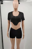 Black Fashion Casual Solid Asymmetrical Hooded Collar Short Sleeve Two Pieces