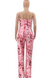 Brown Casual Print Patchwork Strapless Straight Jumpsuits