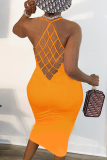 Blue Sexy Solid Hollowed Out U Neck Pencil Skirt Dresses