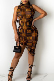 Brownness Sexy Print Patchwork Frenulum Asymmetrical O Neck Irregular Dress Dresses