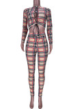 Coffee Sexy Plaid Print Hollowed Out Patchwork Frenulum O Neck Long Sleeve Two Pieces