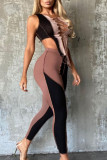 Nude Sexy Color Lump Patchwork Hollowed Out Split Joint Frenulum Asymmetrical O Neck Sleeveless Two Pieces