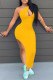 Yellow Fashion Sexy Solid Hollowed Out Slit One Shoulder Sleeveless Dress Dresses