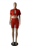 Red Fashion Sexy Solid Bandage Hollowed Out Half A Turtleneck Short Sleeve Two Pieces
