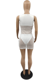 White Sexy Solid Mesh O Neck Short Sleeve Two Pieces
