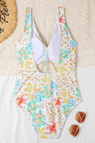 Yellow Sexy Print Hollowed Out Patchwork Swimwears