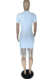 Pink Fashion Casual Solid Tassel O Neck Short Sleeve Dress