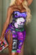 Purple Fashion Sexy Print Backless Slit Strapless Sleeveless Two Pieces