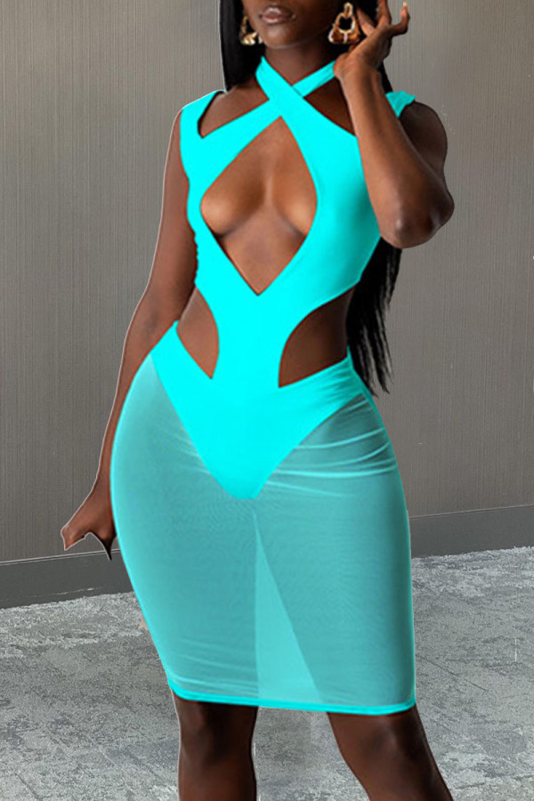 Lake Blue Sexy Solid Hollowed Out Patchwork Sheath Dresses