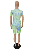 Pink Casual Patchwork Tie-dye O Neck Short Sleeve Two Pieces