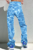 Blue Casual Print Tie Dye Patchwork Straight Denim Jeans