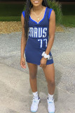 Deep Blue Casual Sportswear Letter Print Patchwork V Neck Vest Dress