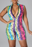 Rose Red Sexy Print Patchwork Zipper Collar Skinny Rompers