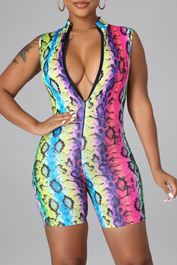 Rose Red Sexy Print Patchwork Zipper Collar Skinny Rompers