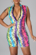 Rose Red Sexy Print Patchwork Zipper Collar Skinny Rompers