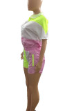 Pink Sportswear Color Lump Print Patchwork Turndown Collar Short Sleeve Two Pieces