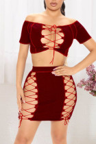 Burgundy Sexy Solid Hollowed Out Split Joint Frenulum Off the Shoulder Short Sleeve Two Pieces