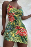 Colour Sexy Print Patchwork Spaghetti Strap Pencil Skirt Dresses