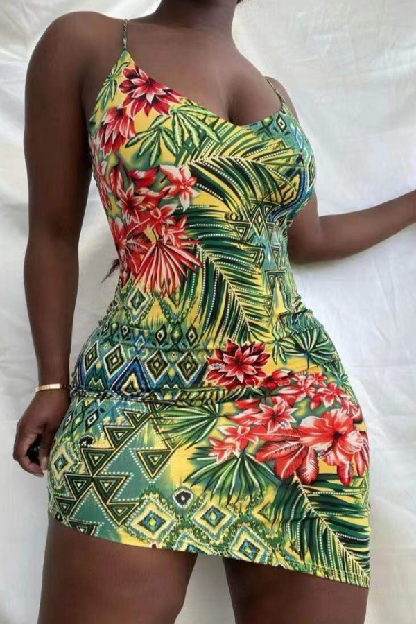 Colour Sexy Print Patchwork Spaghetti Strap Pencil Skirt Dresses