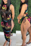 Red Sexy Print Bandage Patchwork See-through Half A Turtleneck Straight Dresses