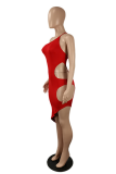 Red Sexy Solid Hollowed Out One Shoulder Pencil Skirt Dresses