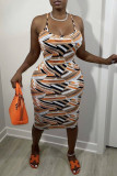Khaki Fashion Sexy Print Backless Spaghetti Strap Sleeveless Dress