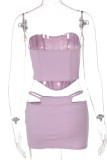 Purple Sexy Solid Hollowed Out Split Joint Asymmetrical Strapless Sleeveless Two Pieces