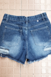 Dark Blue Casual Patchwork Ripped Mid Waist Skinny Denim Shorts