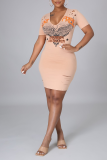 Pink Sexy Print Ripped U Neck Pencil Skirt Dresses
