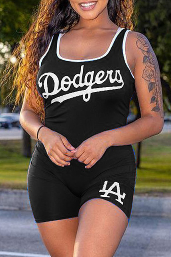 Black Casual Sportswear Letter Print Basic U Neck Regular Romper