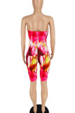 Red Yellow Celebrities Print Patchwork Strapless Skinny Jumpsuits