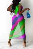 Red Sexy Print Mesh O Neck Pencil Skirt Dresses