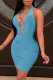 Blue Sexy Solid Hollowed Out Halter Pencil Skirt Dresses