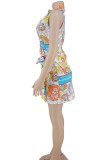 Sky Blue Sexy Print Bandage Patchwork Asymmetrical V Neck Mini Dress Dresses