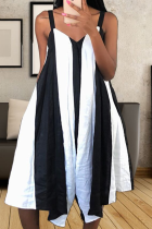 Black And White Casual Striped Split Joint Spaghetti Strap Cake Skirt Dresses