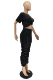 Red Fashion Casual Solid Fold O Neck Short Sleeve Two Pieces