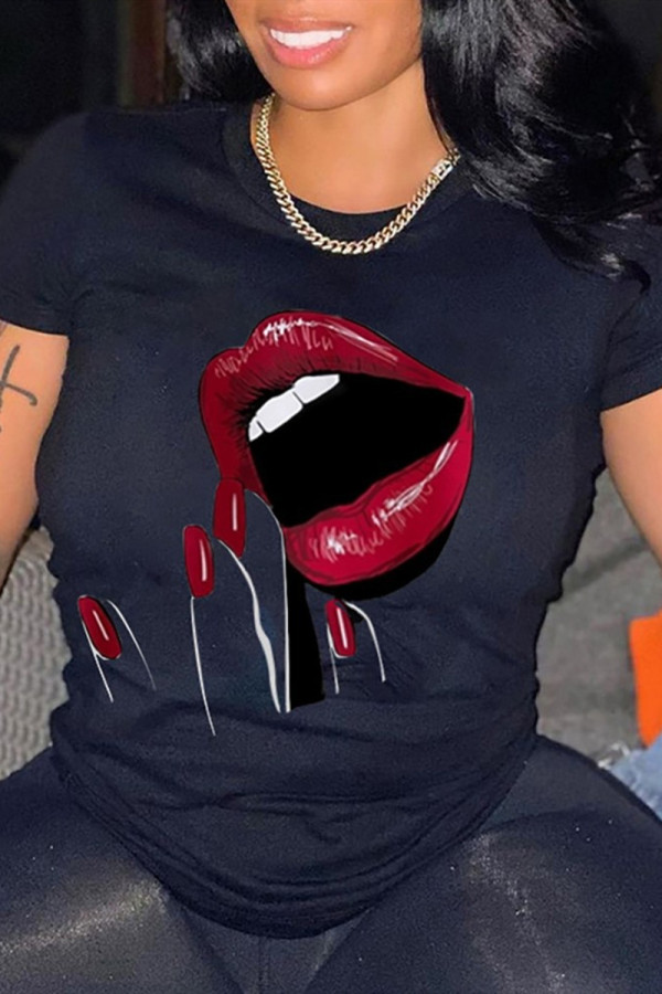 Black Fashion Casual Lips Printed Basic O Neck T-Shirts