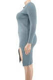 Pink Fashion Casual Solid Slit Turndown Collar Long Sleeve Dresses
