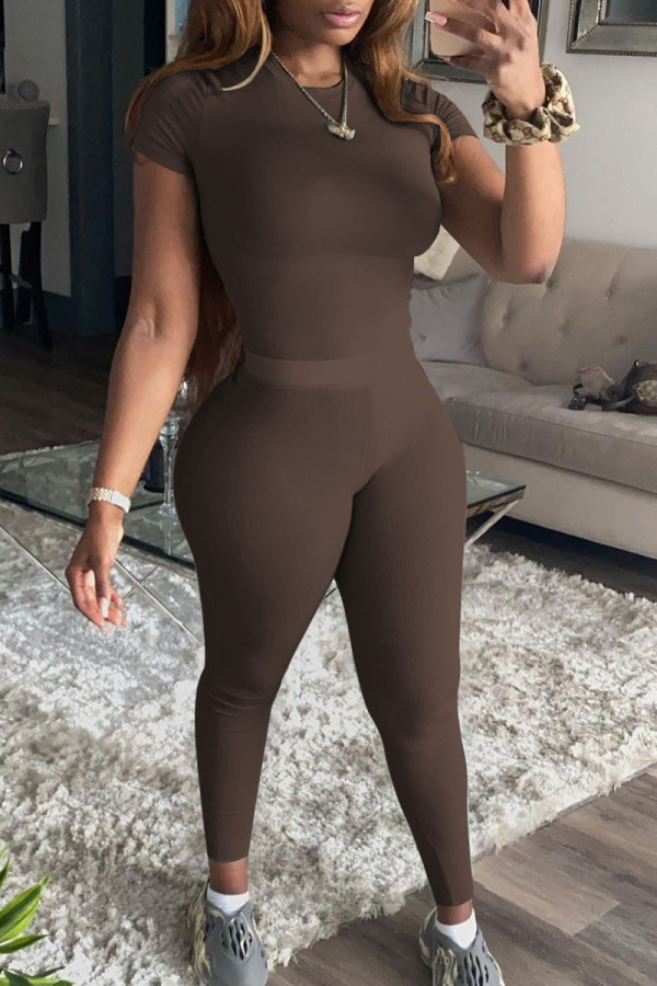 Brown Casual Solid Patchwork O Neck Short Sleeve Two Pieces