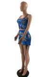Blue Fashion Sexy Print Backless Spaghetti Strap Sleeveless Two Pieces
