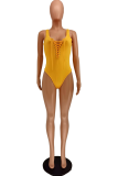Orange Sexy Solid Hollowed Out Draw String Swimwears