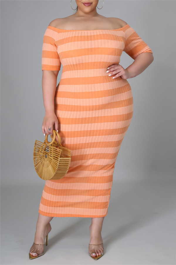 Orange Fashion Casual Striped Print Backless Off the Shoulder Short Sleeve Dress Plus Size Dresses
