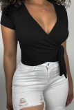 Blue Sexy Solid Bandage V Neck T-Shirts