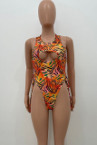 Gradient Color Sexy Print Hollowed Out Patchwork Draw String Swimwears