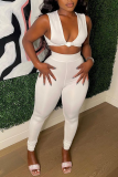 White Sexy Solid Patchwork V Neck Sleeveless Two Pieces