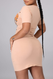 Pink Sexy Print Ripped U Neck Pencil Skirt Dresses