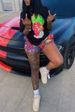 Black Fashion Casual Print Basic O Neck Short Sleeve Two Pieces