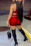 Red Sexy Solid Hollowed Out See-through Asymmetrical V Neck Sleeveless Two Pieces