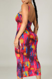 Red Sexy Print Patchwork Spaghetti Strap Pencil Skirt Dresses